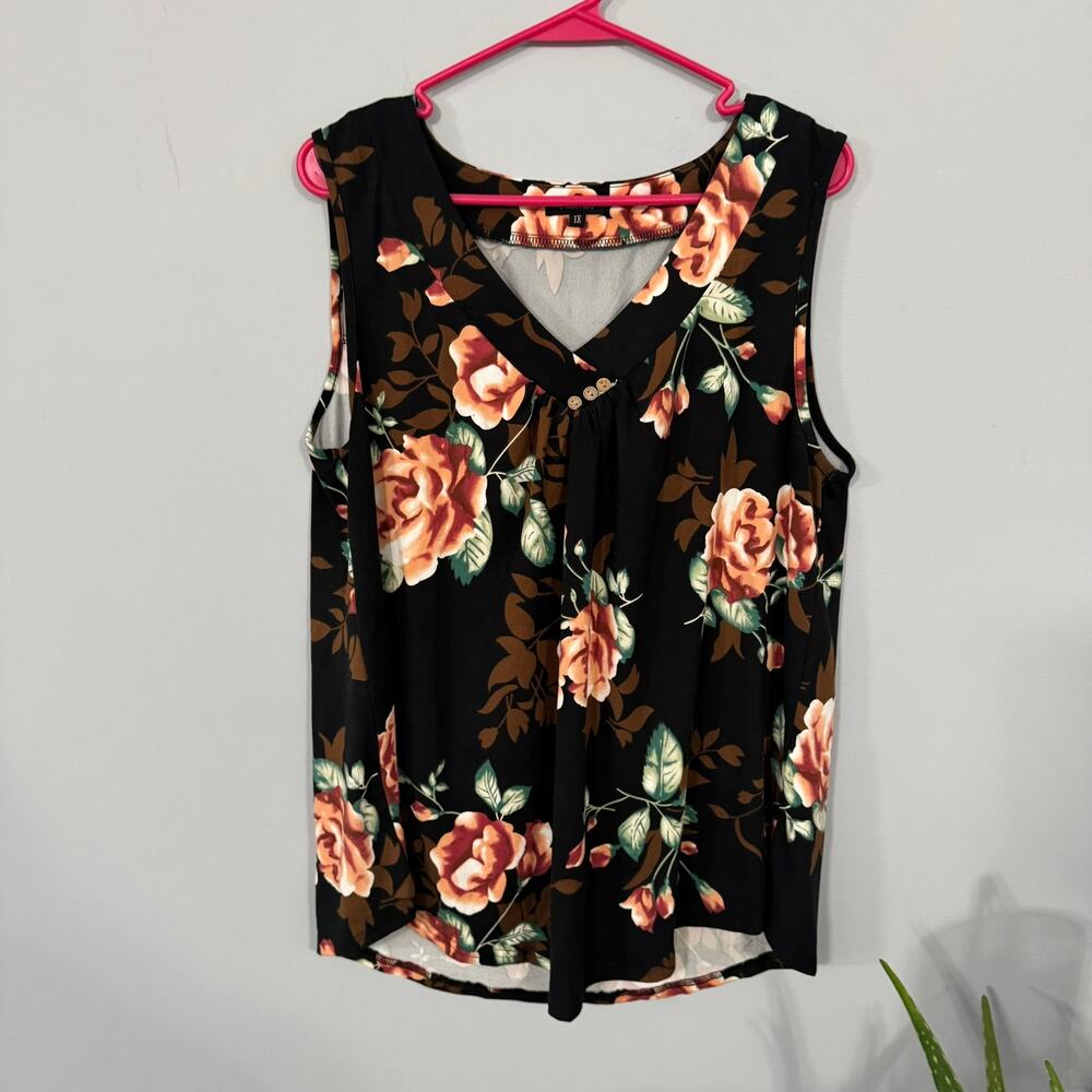 Folunsi Black Floral Dressy Sleeveless Tank Top Plus Size 1X Spandex Blend